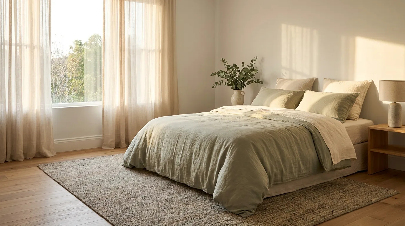 Serene premium bedroom in soft porcelain and sage tones