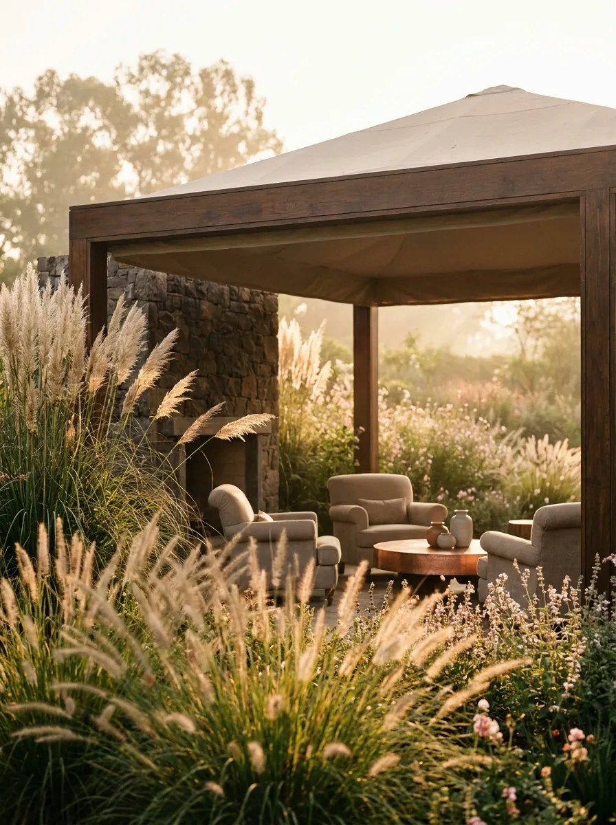 Garden pavilion with elegant seating among plumes of ornamental grass