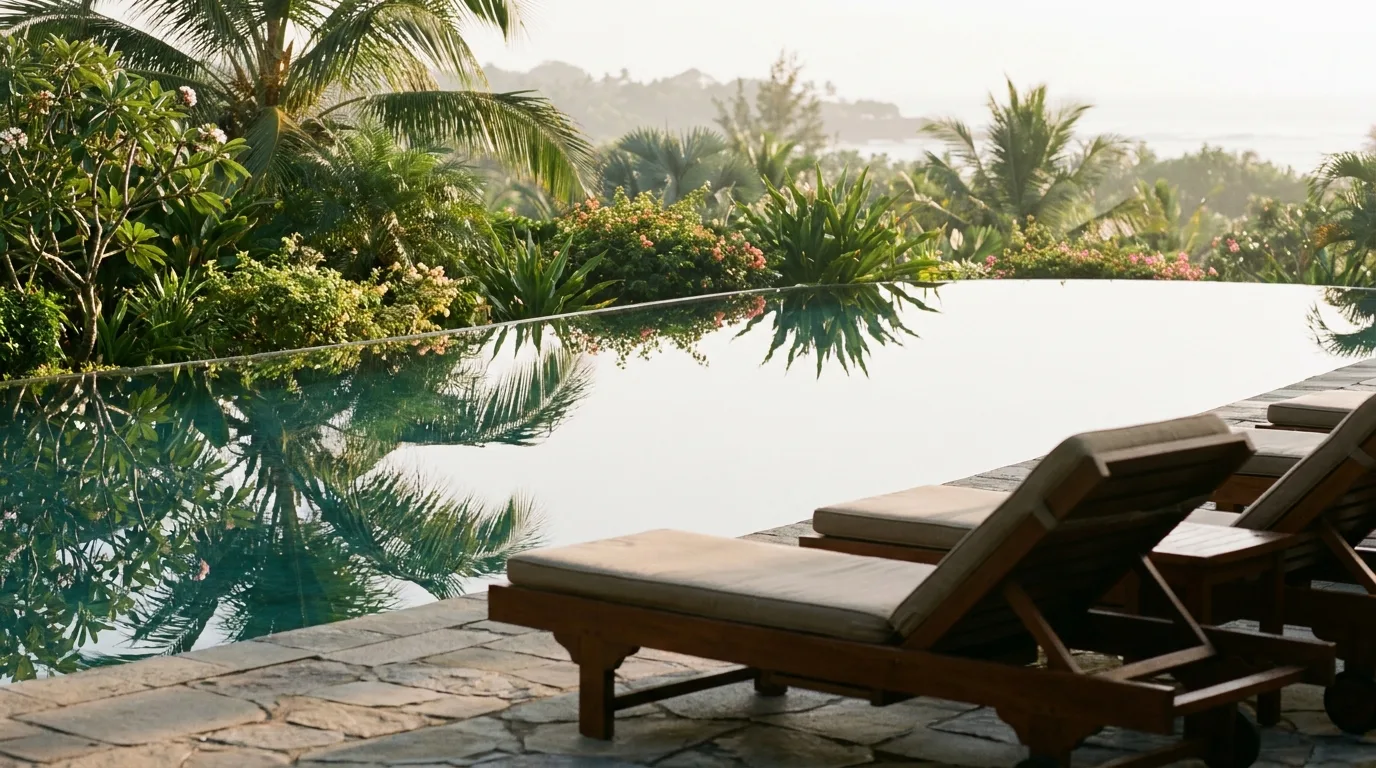 Resort swimming pool edge with tropical greenery reflections